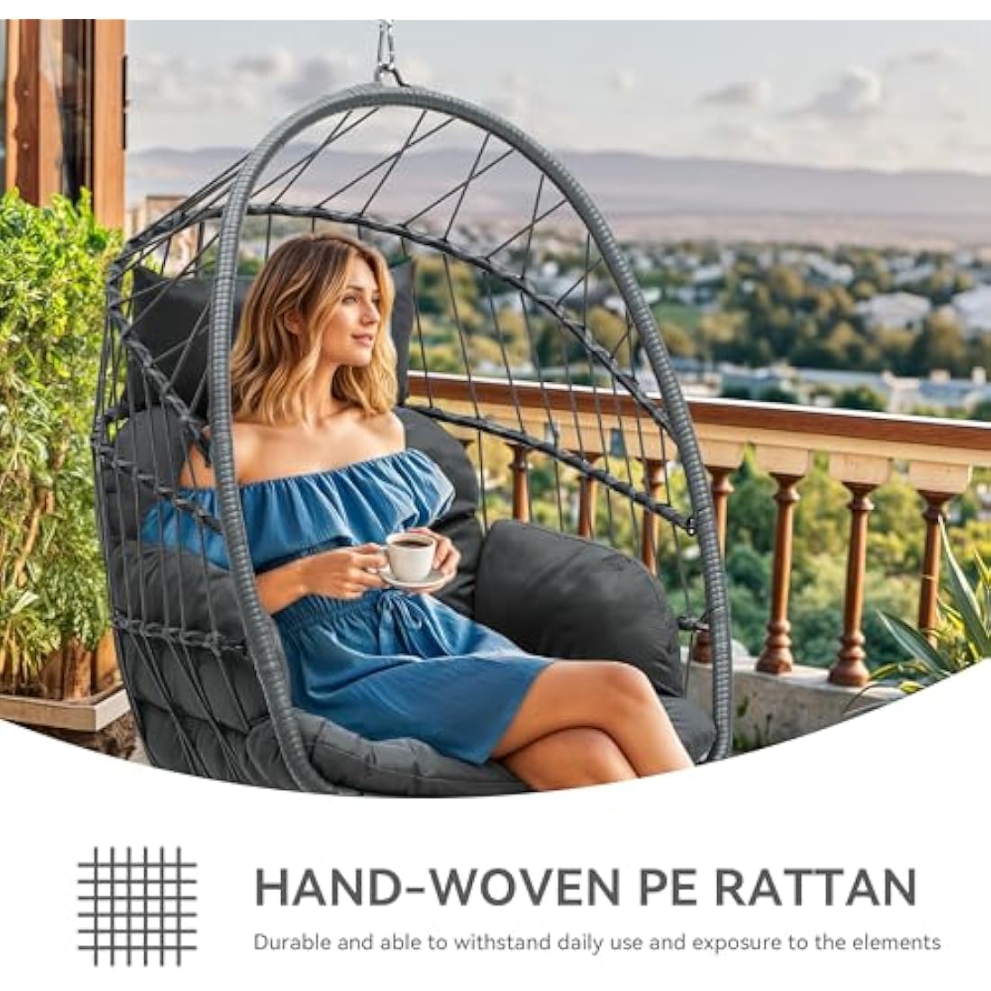 YITAHOME Rattan Egg Chair Max. load 150 kg Garden Egg Chair with 2 Cushions, 105 x 74 x 72 cm Iron Sturdy Steel Frame, Hanging Egg Chair with a Chain & S Hook for Patio, Garden, Living Room, Grey