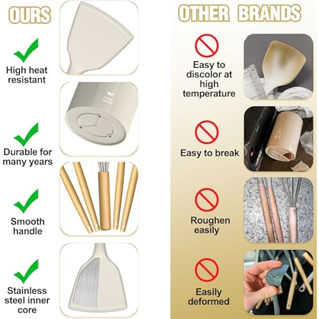 Terlulu Kitchen Utensils Set, 34PCS Silicone Cooking Utensils Set with Wooden Handle, Heat Resistant Silicone Utensil Set, Tongs Spatula Spoon Set for Nonstick Cookware, Kitchen Tools (Khaki)