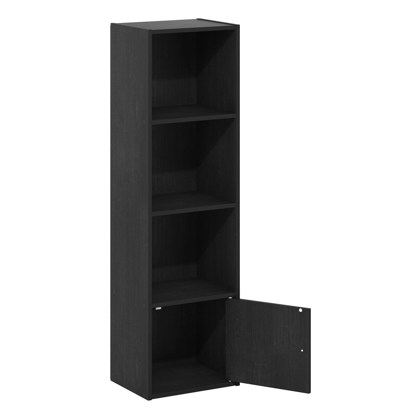 Furinno LUDER Book Shelf, 4-Tier Bookshelf, Bookcase with 1 Door Storage Cabinet, 9.3 x 12 x 41.8, for Living Room, Bedroom, Home Office, Blackwood
