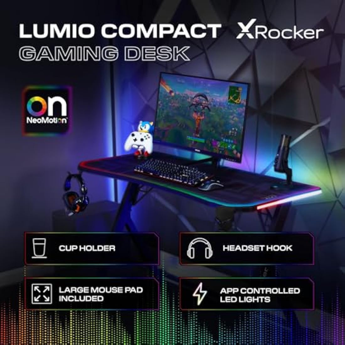 X-Rocker Lumio Compact RGB LED Gaming Desk with Space-Saving Design, Headphone Hook, Cup Holder, Sturdy Metal Frame, 110 x 55cm for Adults & Kids - Carbon Black - Mouse Mat Included
