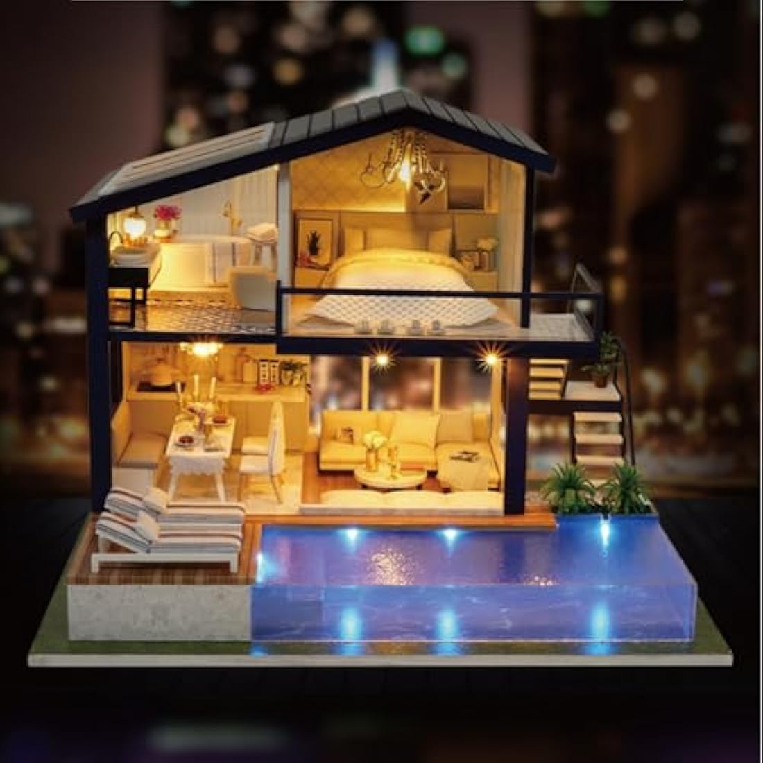 Cuteroom DIY Wooden Dolls House Handcraft Miniature Kit Model & Furniture-Time Apartment With Swimming Pool