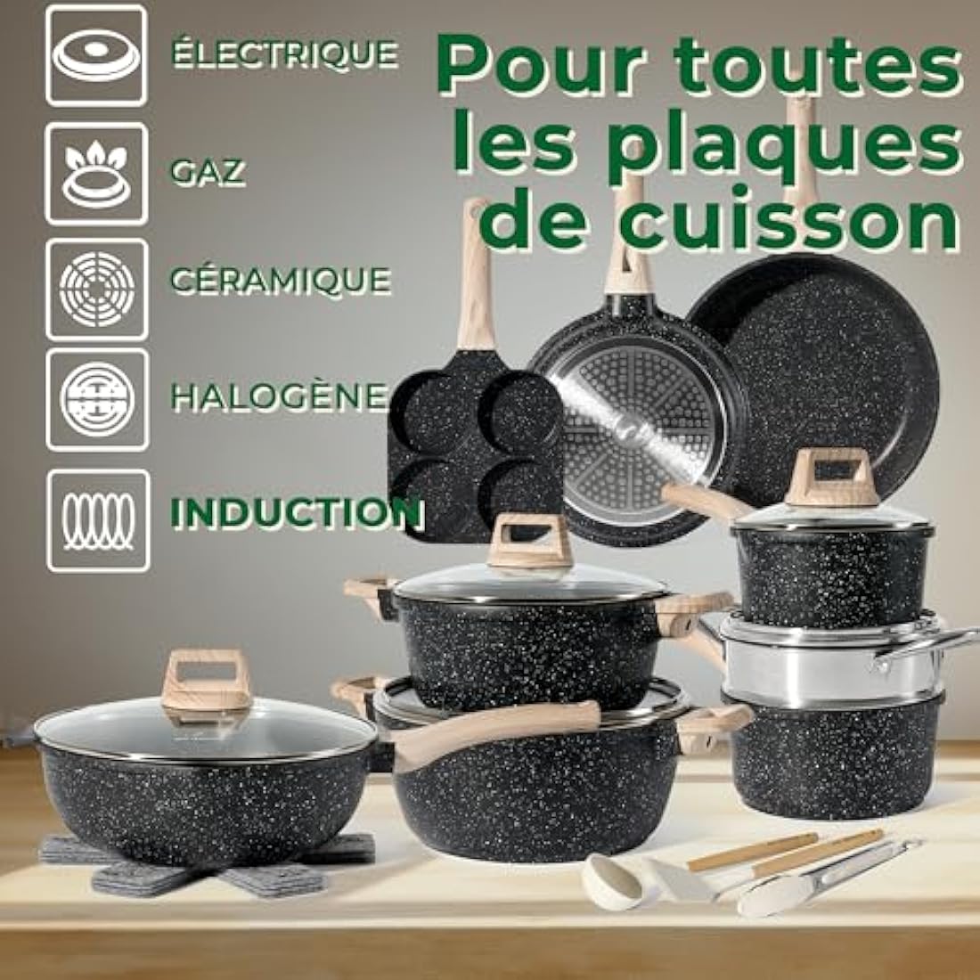 Just Perfecto pots and Pans Sets Non Stick, Induction hob pan Set, Saucepan Set, Non Stick Frying pan Set with lid Stock Pot, deep Frying pan, pots and Pans Set Granite cookware Set (21 Pcs Black)