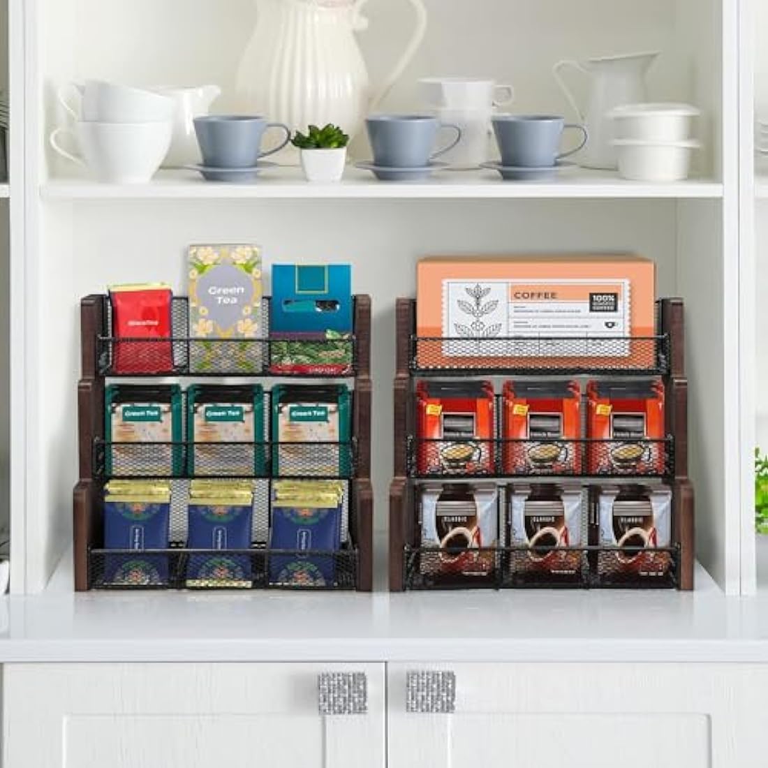 THYGIFTREE 3 Tier Tea Bag Holder, Tea Bag Storage, Solid Wood Tea Bag Organizer Box for Kitchen, Office, Countertop,Sugar Packets, Creamers Holder(Black)
