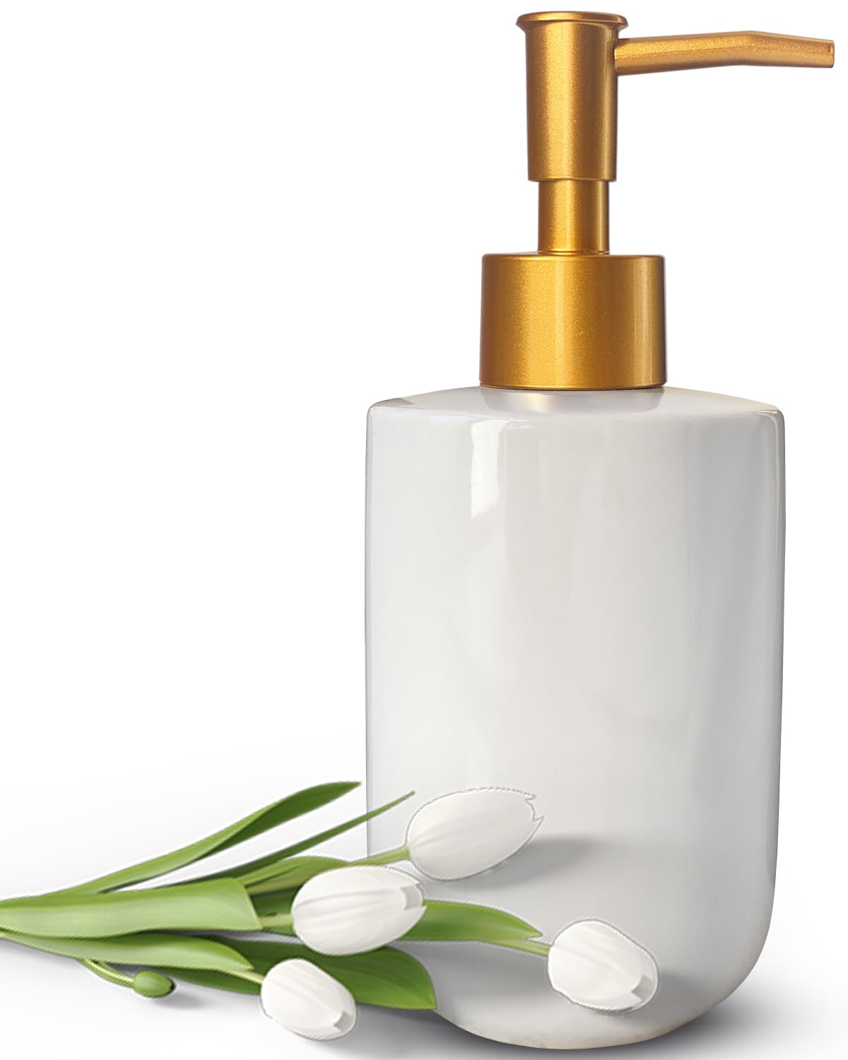 Liquid Soap Dispenser for Bathroom with Gold Pump?Dish Soap Dispenser for Kitchen Sink?Refillable Countertop Lotion Ceramics White Hand Soap Dispenser