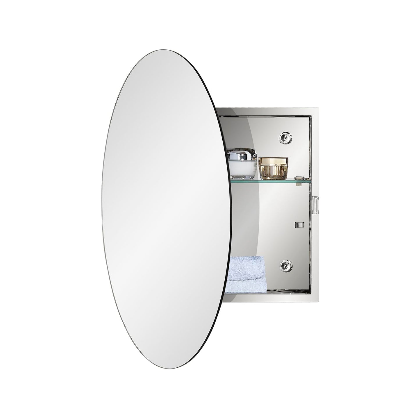 Fundin Mirror Cabinet with Stainless Steel Frame, Round Mirrored Door, Adjustable Glass Shelves, Surface Mounted, 50cm x 50cm, Mirrored Finish