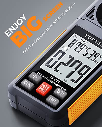 TopTes TS-301 Anemometer Wind Speed Meter, 2.26-Inch Display Wind Meter with Backlight, Max/Min/Average - Orange