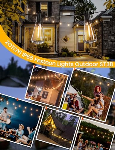 ZOTOYI 120FT IP65 Outdoor String Lights Mains Powered Garden Festoon Lights with 55+3 Shatterproof ST38 Plastic LED Edison Bulbs IP65 Waterproof for Indoor Outdoor Dimming Support, 2700K Warm White