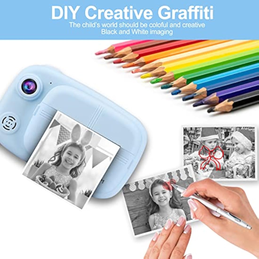 GlobalCrown Kids Camera Instant Print,3.5 Inch Screen Video Child Digital Kids Instant Camera Photo Gifts for Boys Girls (Included 4 Rolls of Printing Paper and 32GB Card)
