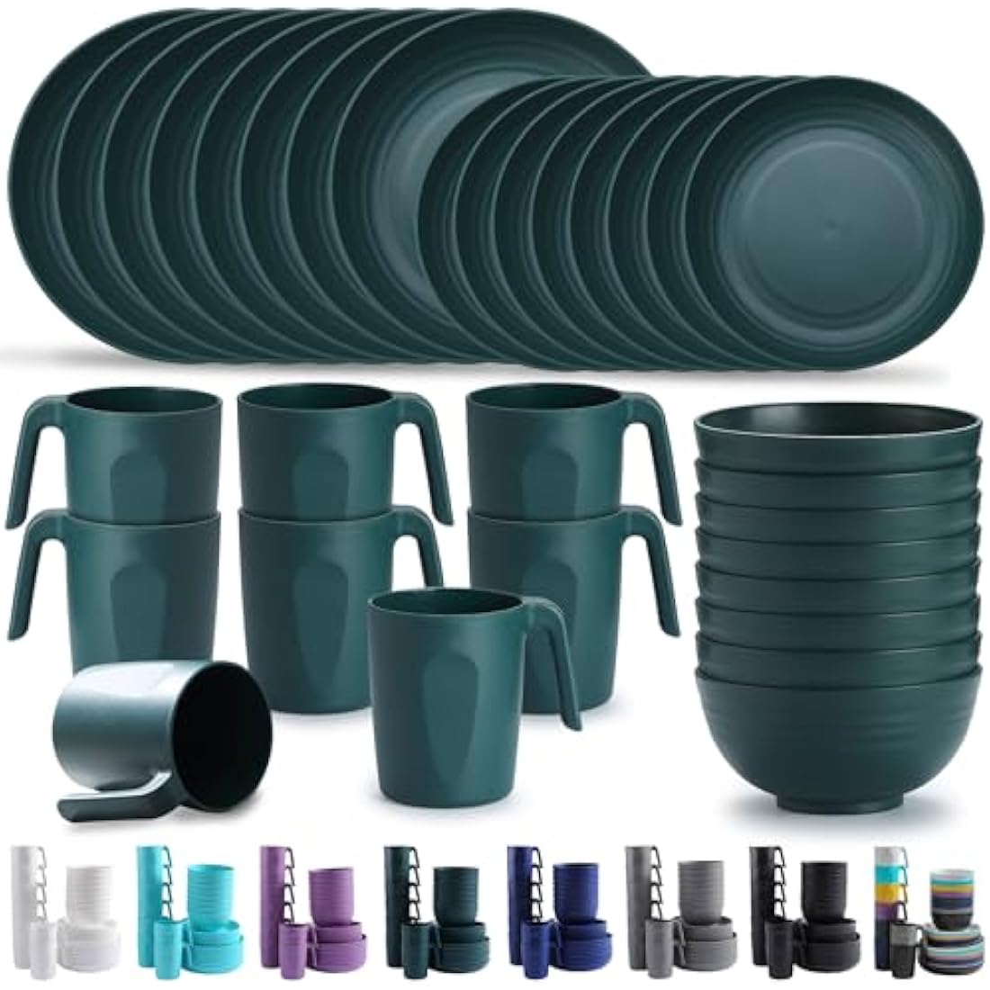 Kyraton Plastic Dinnerware Sets of 32 Pieces Service for 8, Unbreakable and Reusable Light Weight Plates Mugs Bowls Dishes Easy to Carry and Clean Microwave Safe BPA Free Dishwasher Safe