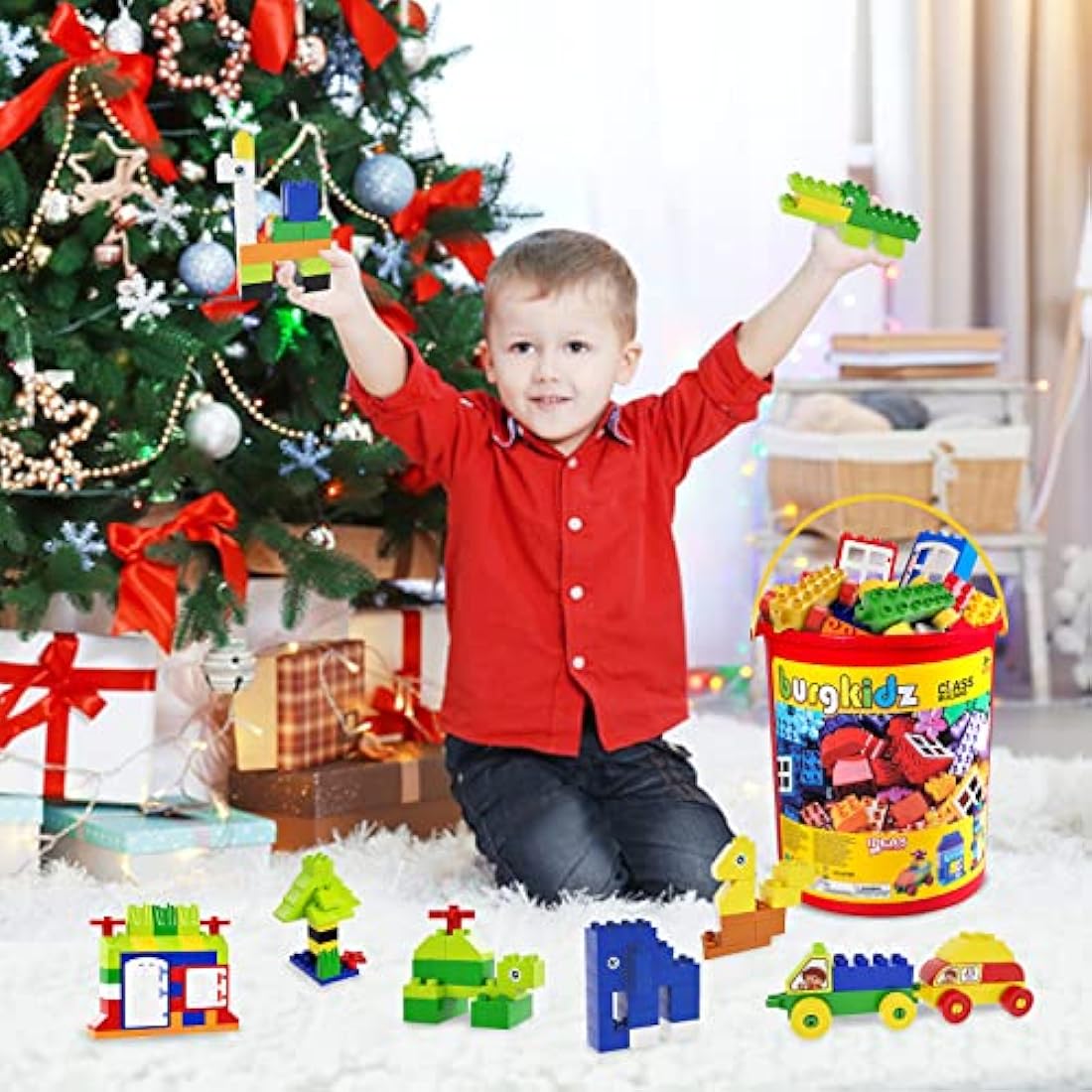 Big Building Block Set - 214 Pieces Toddler Educational Toy Classic Large Size Building Block Bricks - 13 Fun Shapes and Storage Bucket - Compatible with All Major Brands Bulk Bricks Set for 3+ Ages