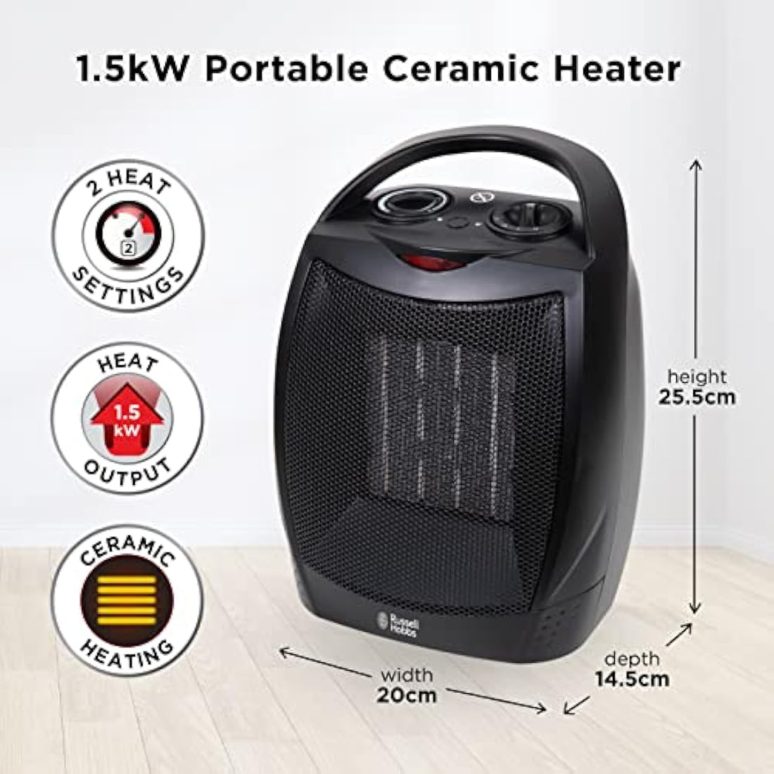 Russell Hobbs 1500W/1.5KW Electric Heater Black PTC Ceramic Space Heater, Portable Upright, 2 Heat Settings, Overheat Protection, Adjustable Thermostat, 15m2 Room Size, RHFH1006B, 2 Year Guarantee
