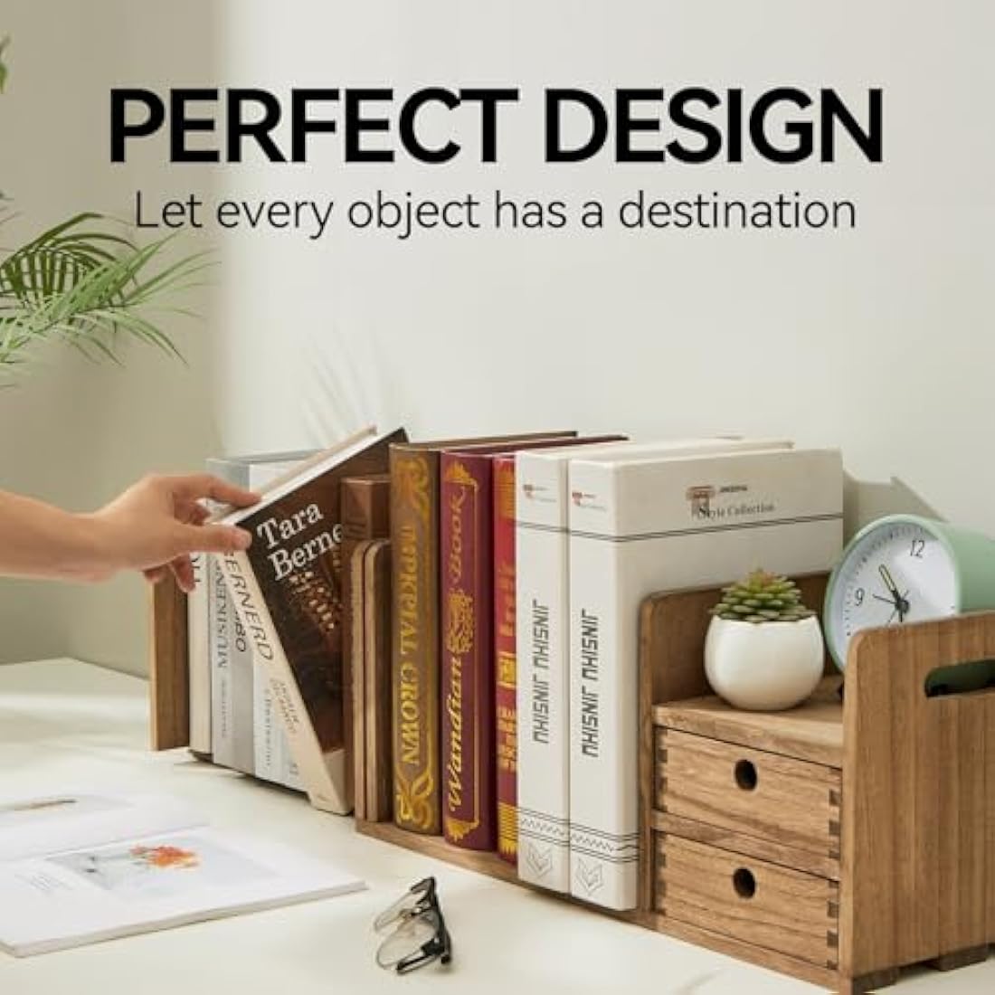 KIRIGEN Desktop Wooden Bookshelf, Expandable Book Organiser with 2 Drawers Desktop Bookcase Multifunction Storage Organizer Book Display Rack Home Office Tidy Organiser Wood Kids Bookshelf(LSJ-DBR)