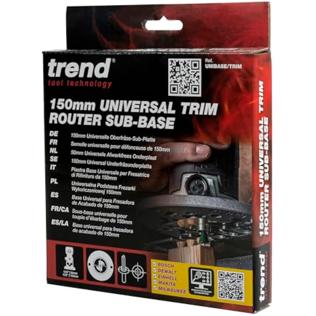 Trend Universal Trim Router Sub-Base, 150mm, Enhanced Compatibility for 1/4 Inch Trim Routers, UNIBASE/Trim, Black, UNIBASE/180