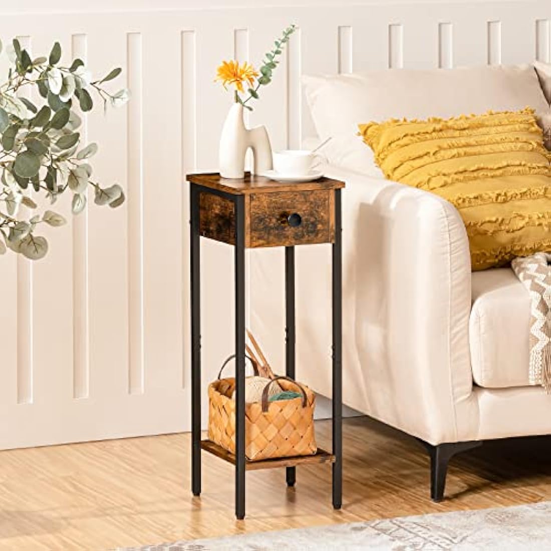 HOOBRO Slim Bedside Tables with Drawer, Small Side Table with Metal Frame, Tall Telephone Table for Small Spaces, Narrow Nightstand, Sturdy, Rustic Brown and Black EBF771BZ01