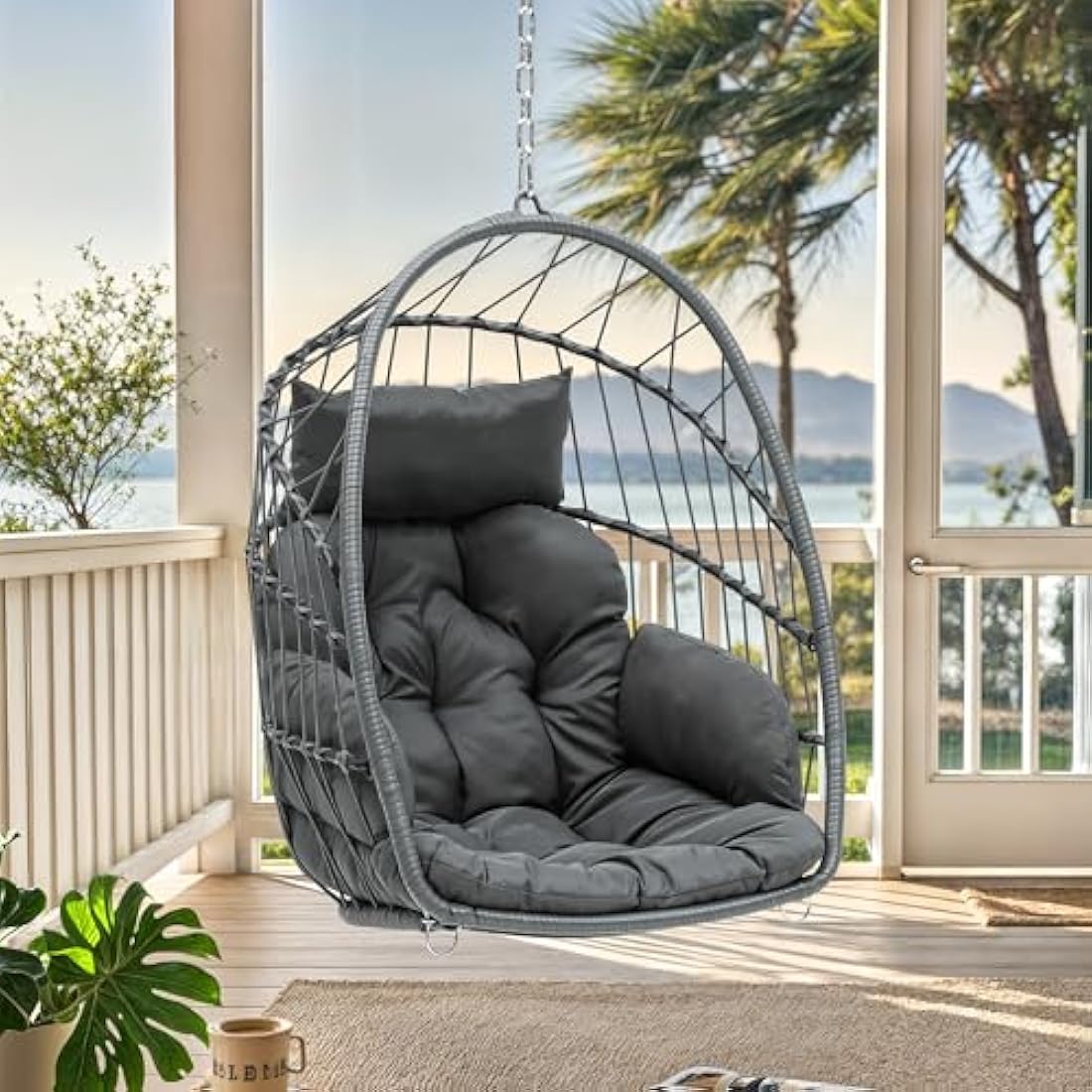 YITAHOME Rattan Egg Chair Max. load 150 kg Garden Egg Chair with 2 Cushions, 105 x 74 x 72 cm Iron Sturdy Steel Frame, Hanging Egg Chair with a Chain & S Hook for Patio, Garden, Living Room, Grey