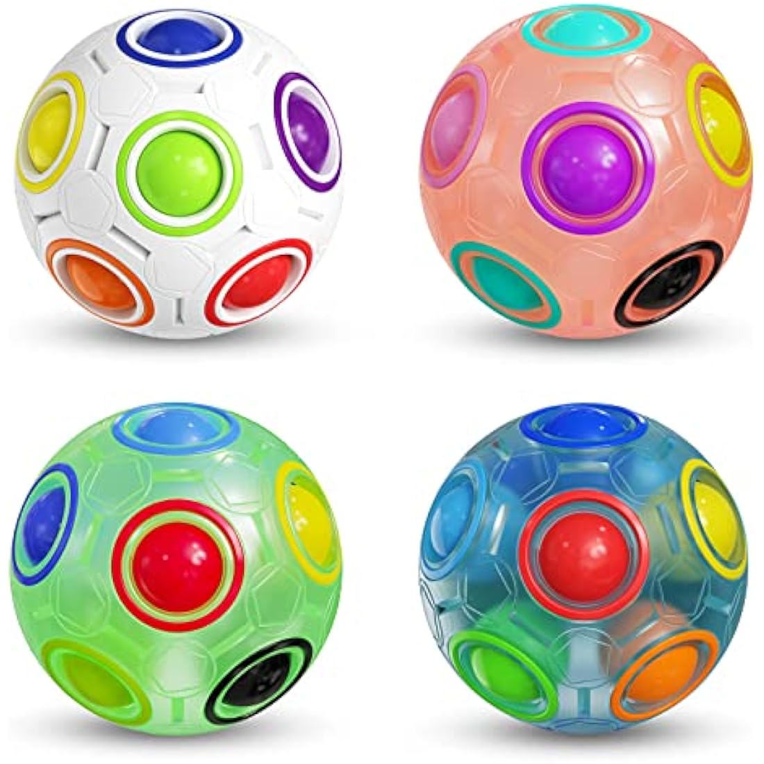 ROXENDA Magic Rainbow Ball with 12 Holes, Puzzle Ball Skill Game - Brain Teaser & Fidget Ball for Kids from 6 Years - 4 Pack(Green&blue&pink&white)