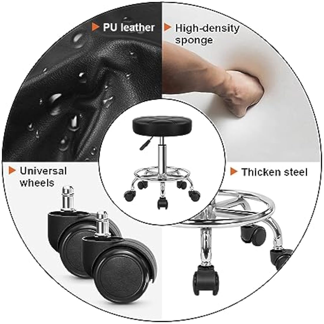 KKTONER Round Rolling Stool Chair PU Leather Height Adjustable Swivel Drafting Work SPA Shop Salon Stools with Wheels Office Chair Small (Black)