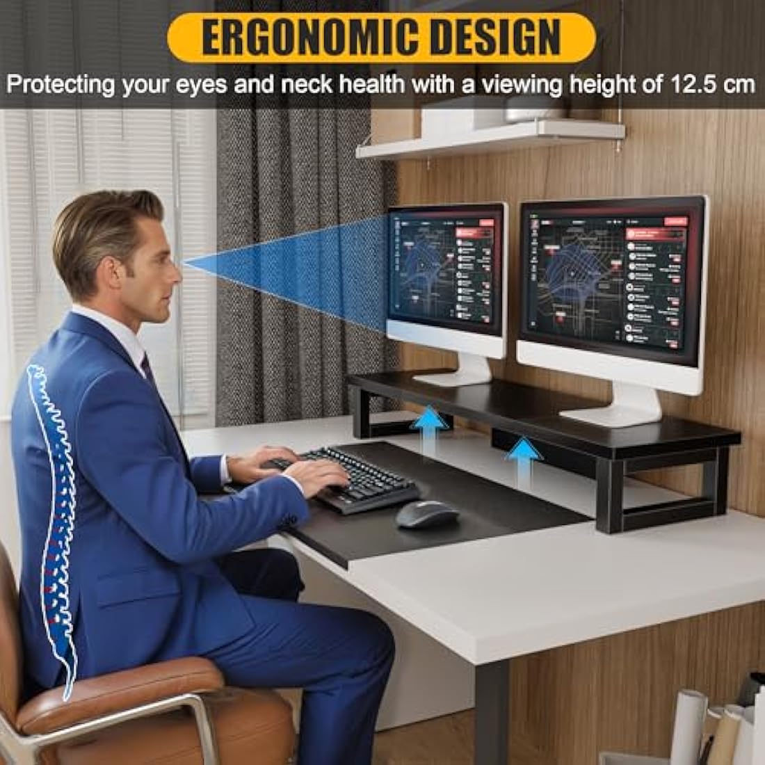 OYRREU Dual Monitor Stand, 91x26cm Desks Shelf, Double Monitor Riser for Laptop PC Computer Screen Monitor Stand Desktop Organiser for Working, Black