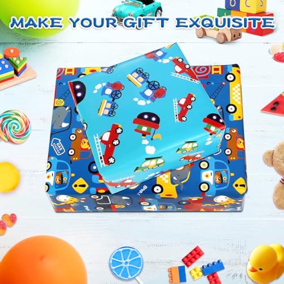 Kids Boys Birthday Gift Wrap Set - Police Car Fire Trucks Crane Ambulance Giraffe Elephant Gift Wrapping Paper Sheets, Tag Ribbion