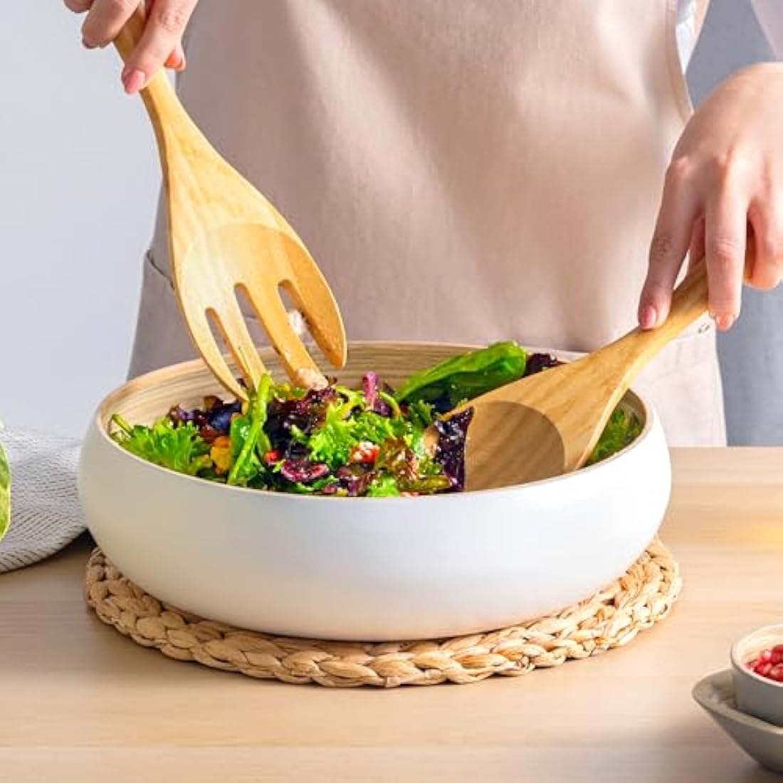 Dehaus® Large Stylish Bamboo Fruit Bowl - 30cm, White - Wooden Salad Serving Bowl - Fruit Basket for Kitchen or Bread Basket - Table Centrepiece Decoration - Home & Kitchen Tableware Accessories