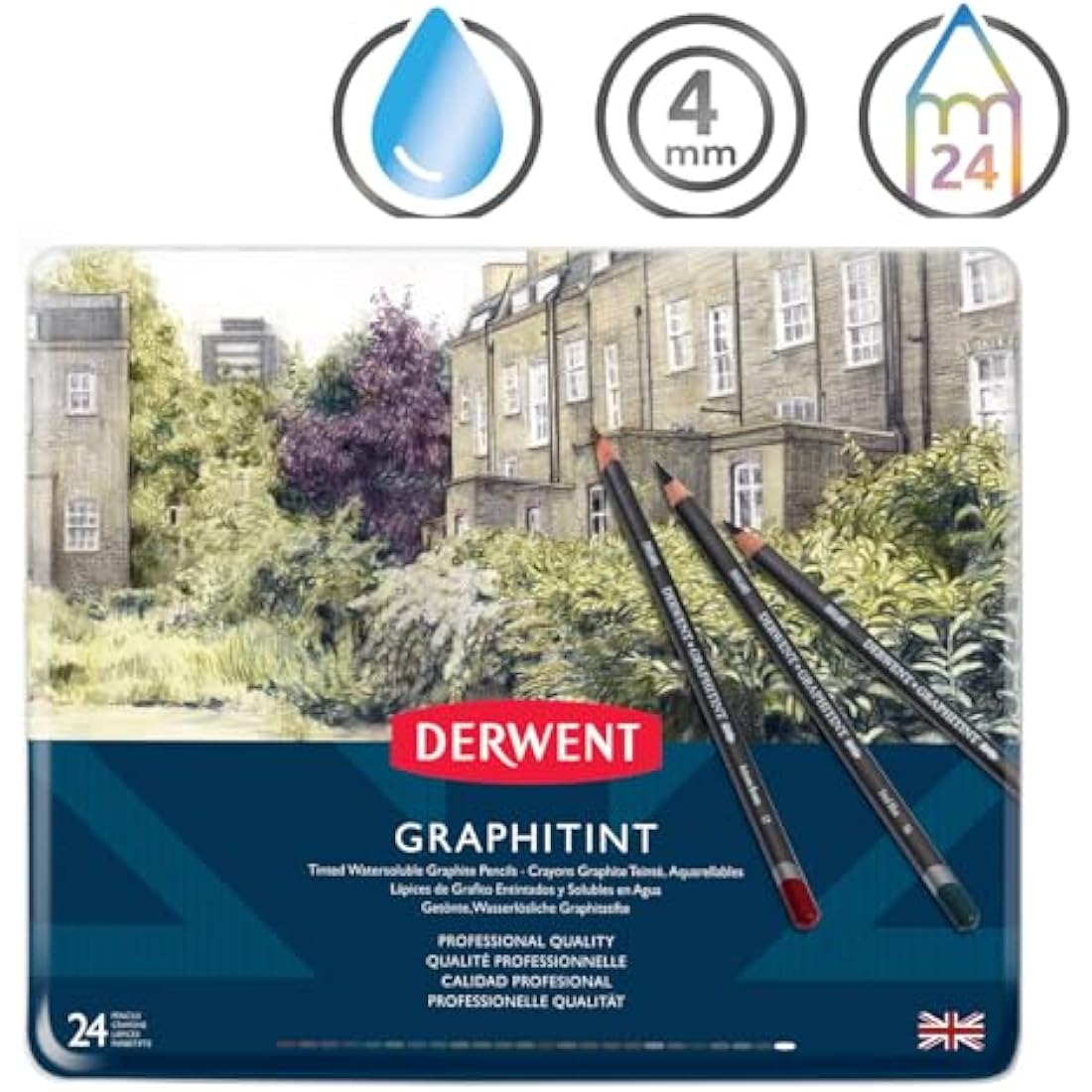 Derwent Graphitint Tinted Graphite Drawing Pencils, Set Of 24, Watersoluble, Professional Quality, 0700803