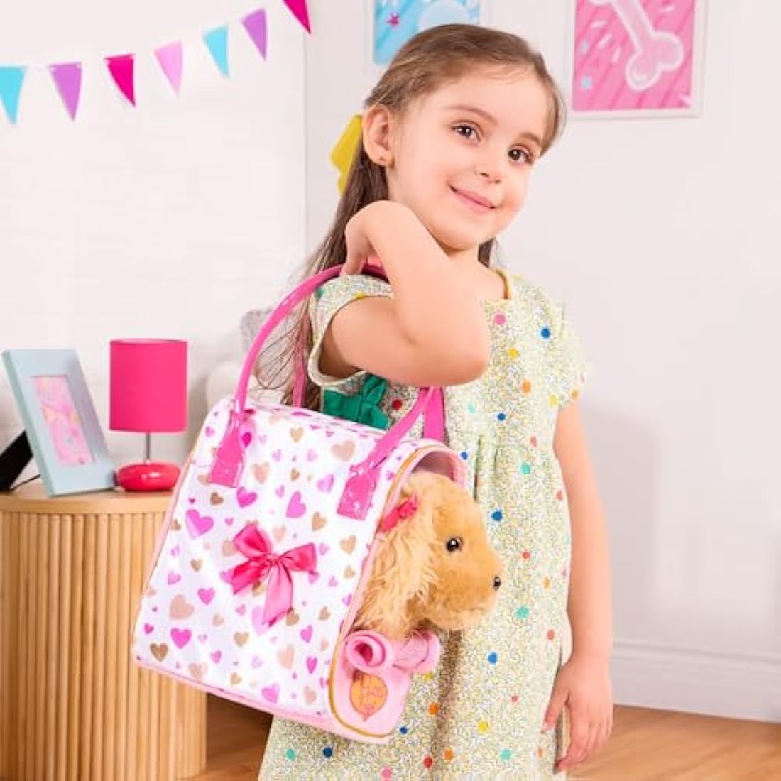Pucci Pups – Plush Puppy – Dog Carrier – Toy Cocker Spaniel – Pink & Golden Heart Print Bag & Cocker Spaniel and Comb– Stuffed Animal – 3+ Years
