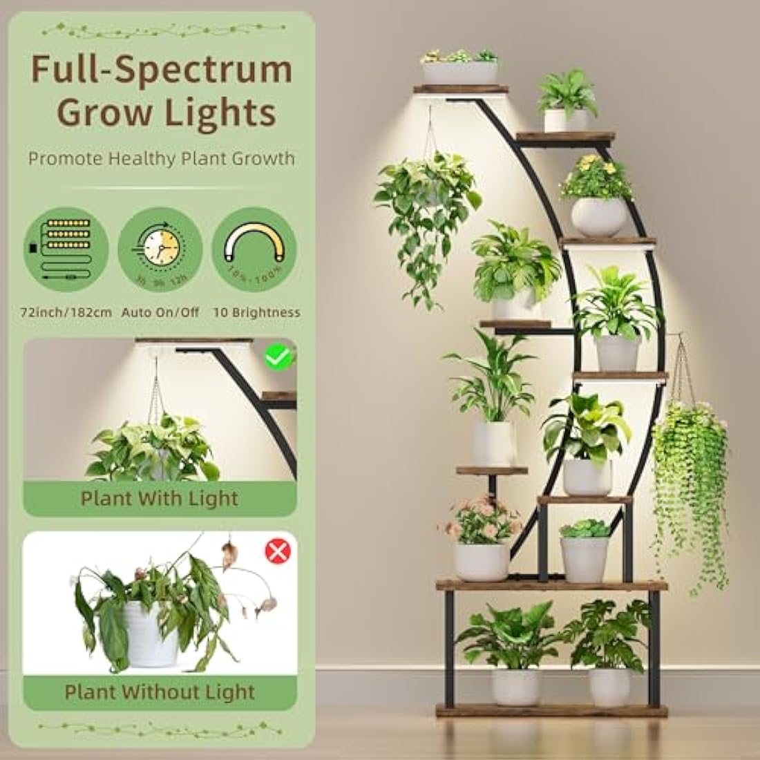 BACEKOLL Plant Stand Indoor With Grow Lights - 9 Tiered Metal Shelf, 63" Tall for Multiple Plants, Large Display Rack, Corner Holder for Living Room, Patio