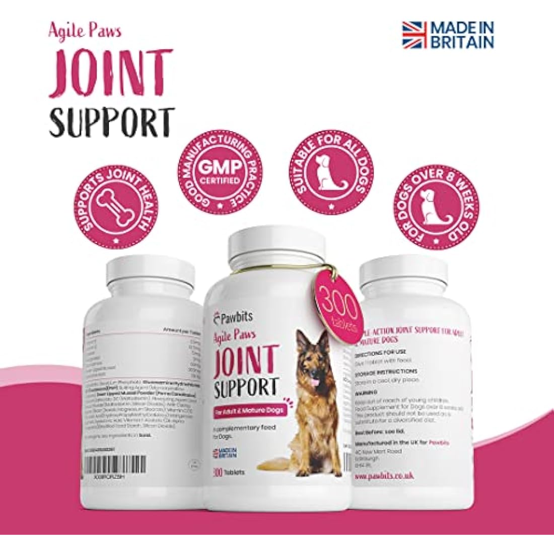 Pawbits 300 Adult Senior Dog Hip & Joint Supplements for Older Mature Dogs. High Strength Green Lipped Mussel Supplement for Elderly Dogs with Stiff Joints - Glucosamine, Vitamin C & E
