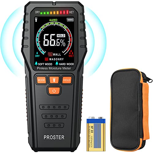 Proster Pinless Moisture Meters - with Backlit LCD Screen Non-Invasive Damp Meter Detects up to 3/4-Inch Below Surface for Non-Destructive Moisture Detection Wallboard Masonry Hardwood and Softwood
