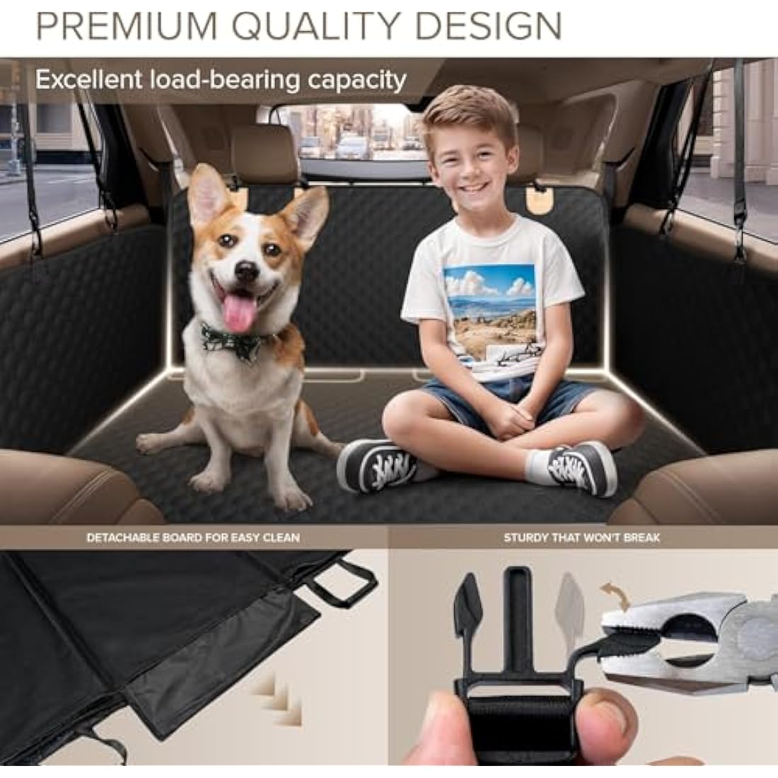 Heavy Duty Dog Car Seat Cover - Back Seat Extender, Aggressive Chewer Resistant, Large Hard Bottom, Dog Hammock for Car, SUV, Truck