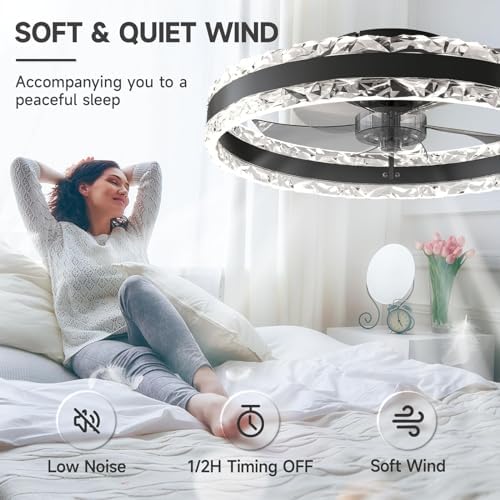 VOLISUN Ceiling Fans with Lights and Remote, 50cm Modern Smart LED Ceiling Fan Light, 6 Speeds and 3000K-6500K Dimmable Quiet Fan Ceiling Lights for Bedroom Living Room Dining Room (Black)