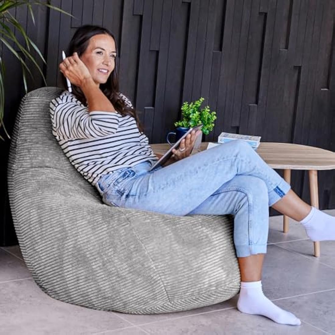 icon Dalton Cord Recliner Bean Bag, Grey, Large Adult Bean Bag Chair with Filling Included, Comfy Chair, Living Room Furniture, Bedroom Furniture
