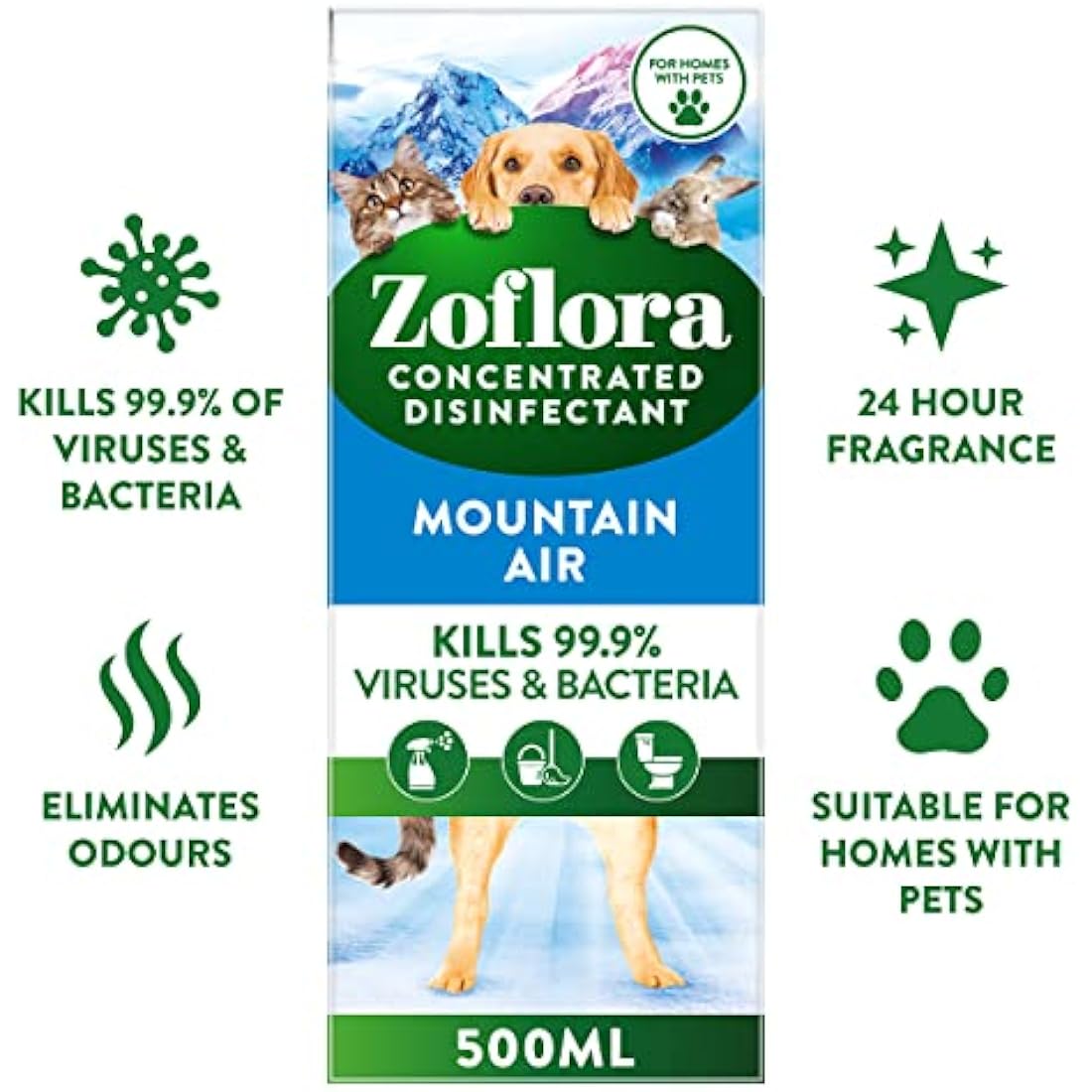 Zoflora Fresh Home Mountain Air Concentrated Disinfectant Liquid, Pack of 6 x 500ml,Pet-Safe Multi-Surface Cleaner, Antibacterial, Kills 99.9% of Germs