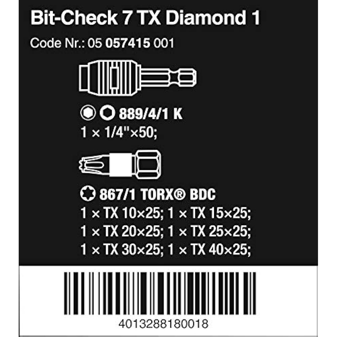 Wera Bit-Check 7 TX Diamond 1 Anti Cam-out Torx BiTorsion Long Life bit set for drill/drivers, TX10,15,20,25,30,40 7 piece, 05057415001