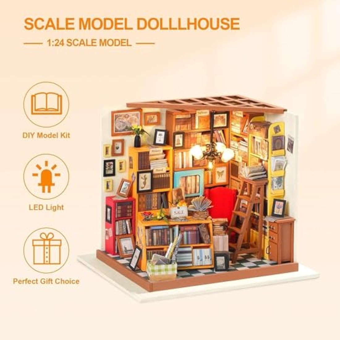 RoWood DIY Miniature Doll House Kit Library, Wooden Dollhouse Model Building Kits, Craft Kits Gifts for Adults and Teens for Christmas