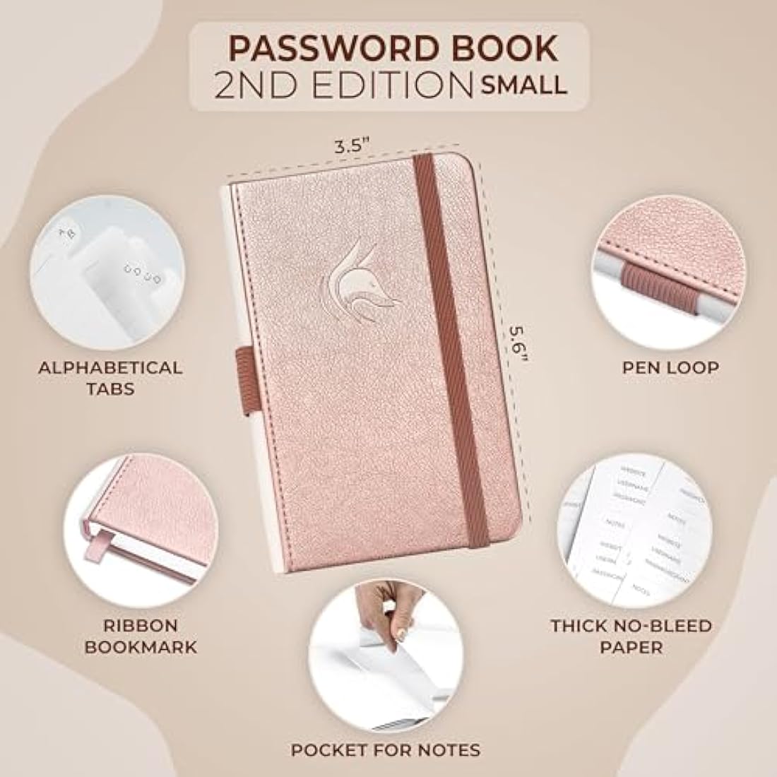 Clever Fox Password Book 2nd Edition Small – Pocket Password Keeper with Laminated Alphabetical Tabs – Internet Address Notebook & Login Details Organizer Journal – 8.9x14.2cm (Rose Gold)