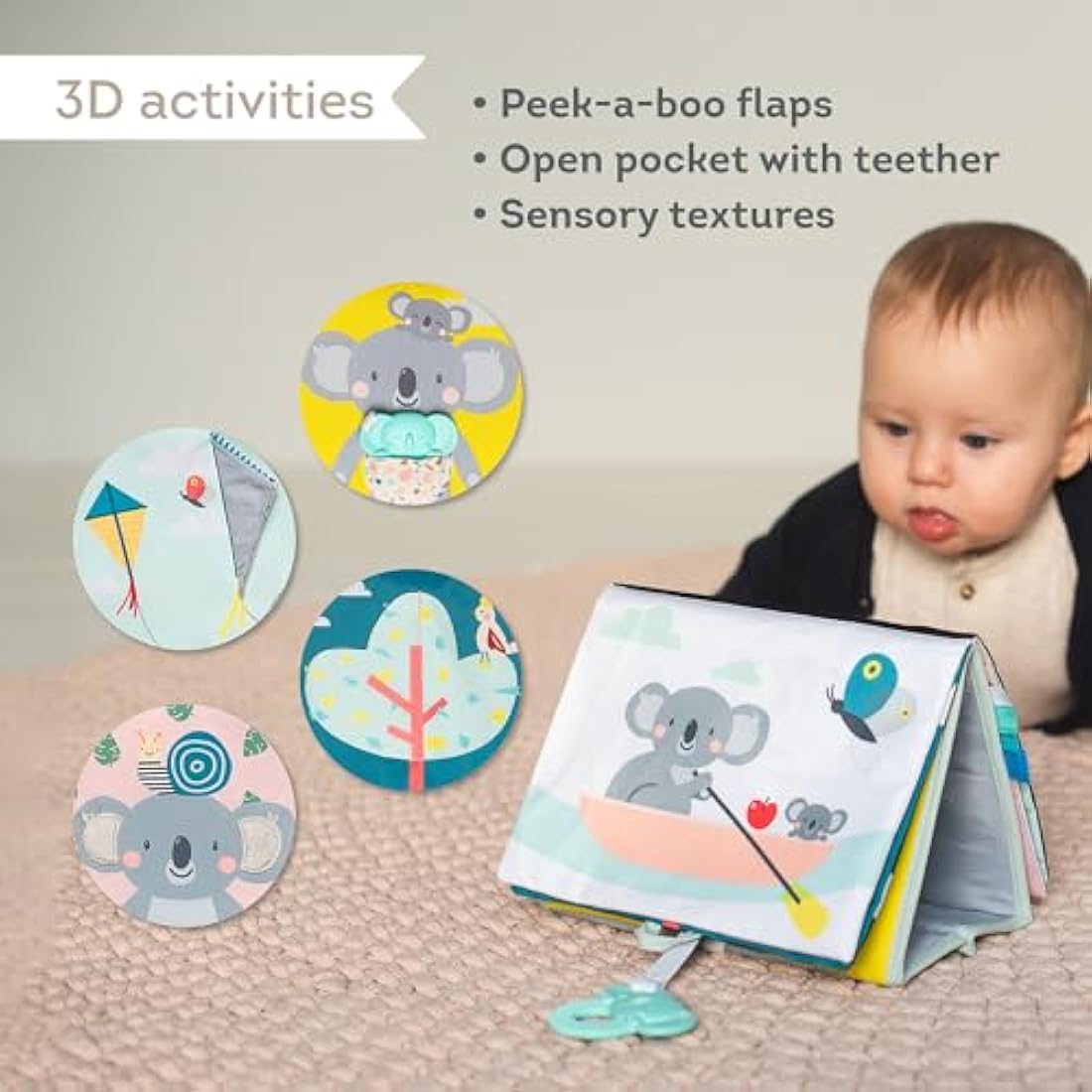 Taf Toys Koala Tummy Time Baby Book – Double-Sided Sensory Cloth Activity Book with Mirror, Crinkle Textures & Teether | Soft Developmental Toy for Newborns 0 Months+