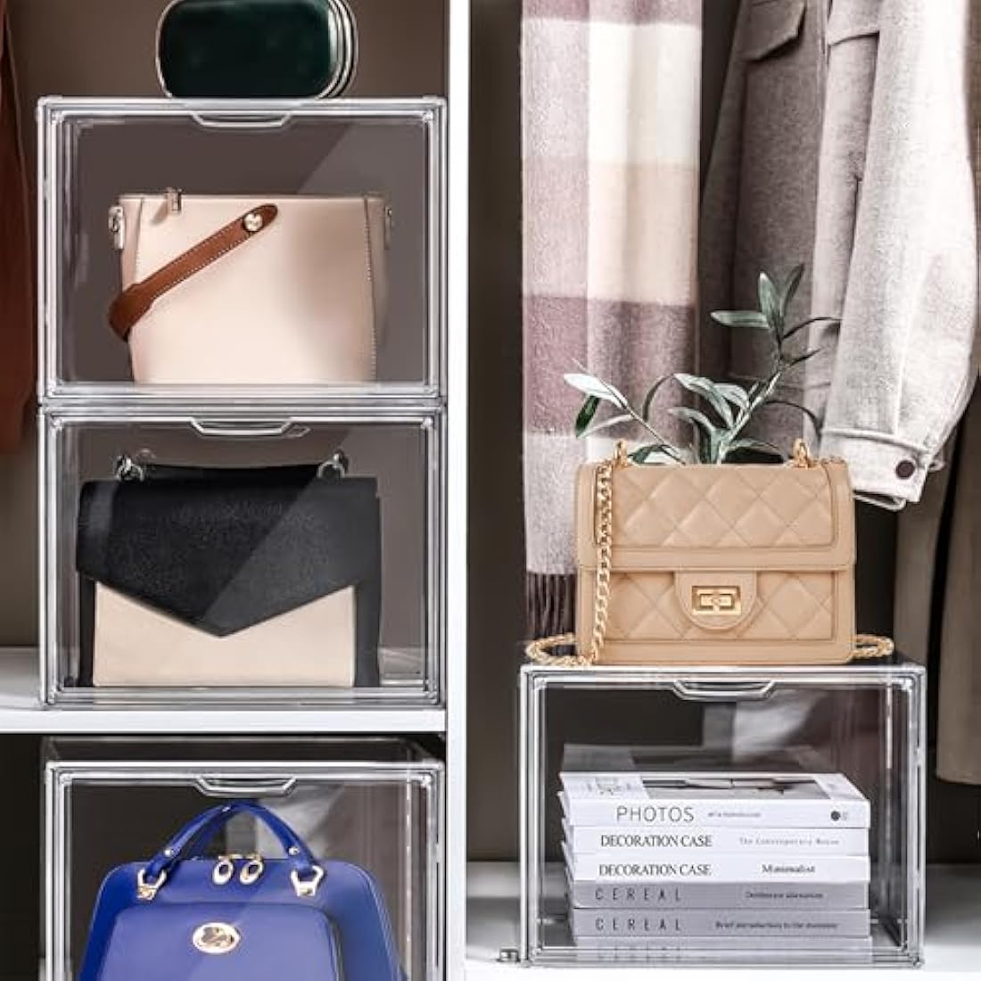 Giyiprpi 4 Packs Plastic Purse Storage Organizer for Closet, Clear Display Case for Purse and Handbag, Stackable Storage Boxes Organizer with Magnetic Door for Wallet Book Cosmetic Toys Display