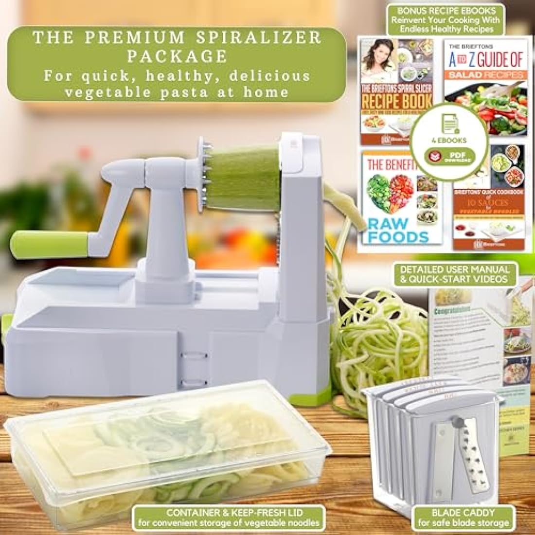 Brieftons 7-Blade Vegetable Spiralizer: Strongest-Heaviest Spiral Slicer, Best Veggie Pasta Spaghetti Maker for Low Carb/Paleo/Gluten-Free Meals, with Blade Caddy, Container, Lid & 4 Recipe Ebooks