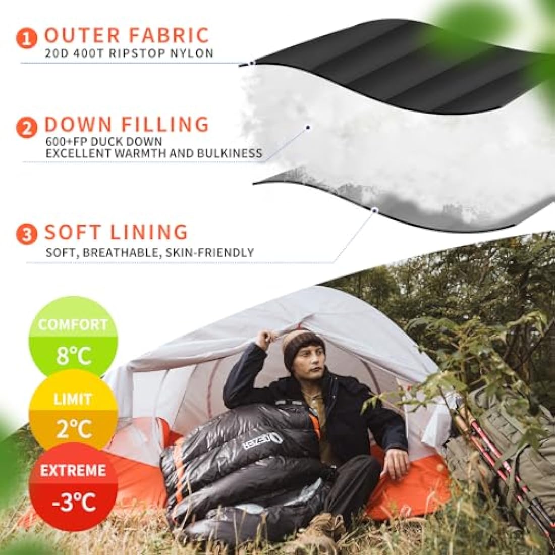 QEZER Down Sleeping Bag,Lightweight Rectangular Winter Sleeping Bag [1180g/1860g] for Adults and Kids 4 Season Camping, Hiking,Warehouse and Moutaineering Outdoor