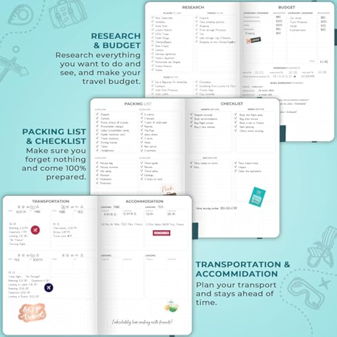 Clever Fox Travel Journal – Vacation Planner with Budget Plan, Packing List, Expense Tracker & Trip Journal – Travelling Itinerary Organizer for Women, Men & Couples – A5 Size, Aquamarine