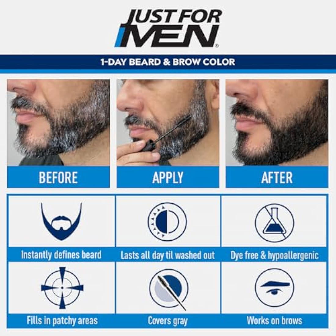 Just For Men 1-Day Beard and Brow Colour Brush, For Instant 1-Step Grey Coverage, Brush-In, Wash-Out, For A Thicker Well-Defined Look, Dark Brown