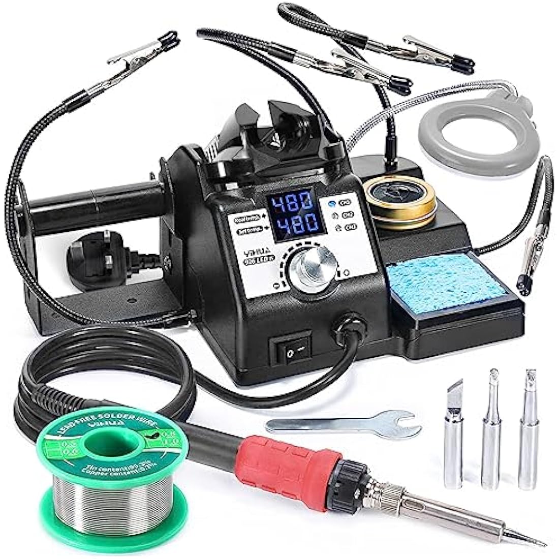 YIHUA 926LED-IV EVO 110W Soldering Station 90~480°C Soldering Kit with 4 Helping Hands, 1 Magnifier with LED, Solder Wire Dispenser, 3 Extra Soldering Tips, 35g Lead-Free Solder Wire(UK Plug)