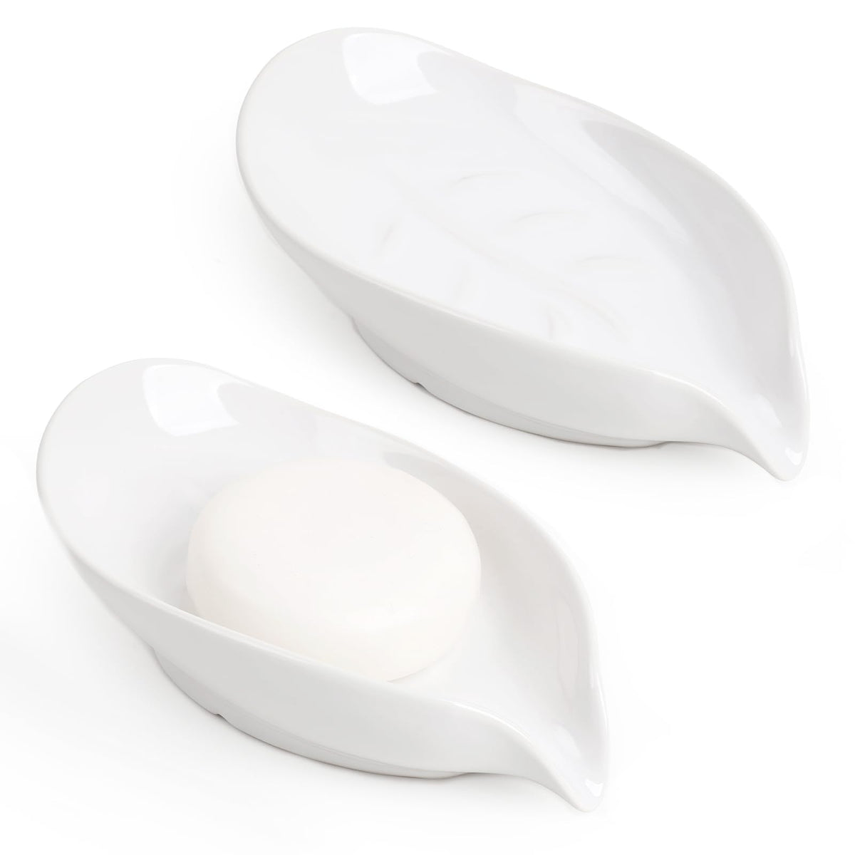 ANTIS'S HOME Ceramic Soap Dish Set of 2 ? Elegant Leaf-Shaped White Porcelain Soap Holders for Bathroom & Kitchen, Non-Slip, Water Drainage Design,