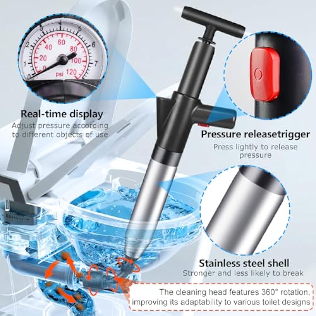 LightingWill High Pressure Toilet Plunger Set, Toilet Unblocker Heavy Duty with A Holder and 4 Replaceable Heads, Toilet Unblocker Tools for Unblocking Toilet Bathtub Shower Floor Drain and Pipe Clog