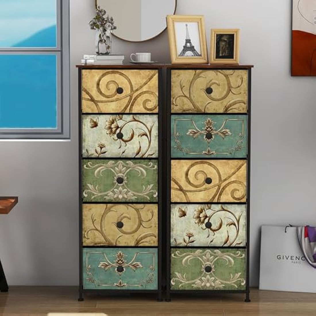 VEDECASA Narrow Tall Chest of Drawers 5 Fabric Drawer Dresser for Bedroom Slim Storage Tower Organizer Unit for Living Room Bedroom Closet Entryway Wood Board Sturdy Metal Frame Easy to Assemble