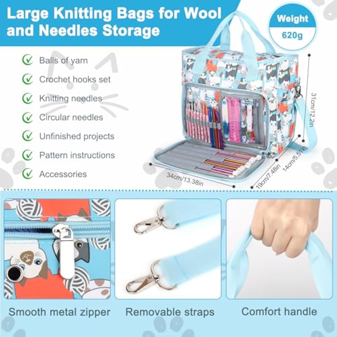 Aeelkie Knitting Bag Large, Crochet Bag Yarn Storage Bag, Craft Bag with Compartments, Portable Knitting Storage Organiser Tote Bag for Carrying Projects, Wool, Knitting & Crochet Tools, Cute Blue Cat