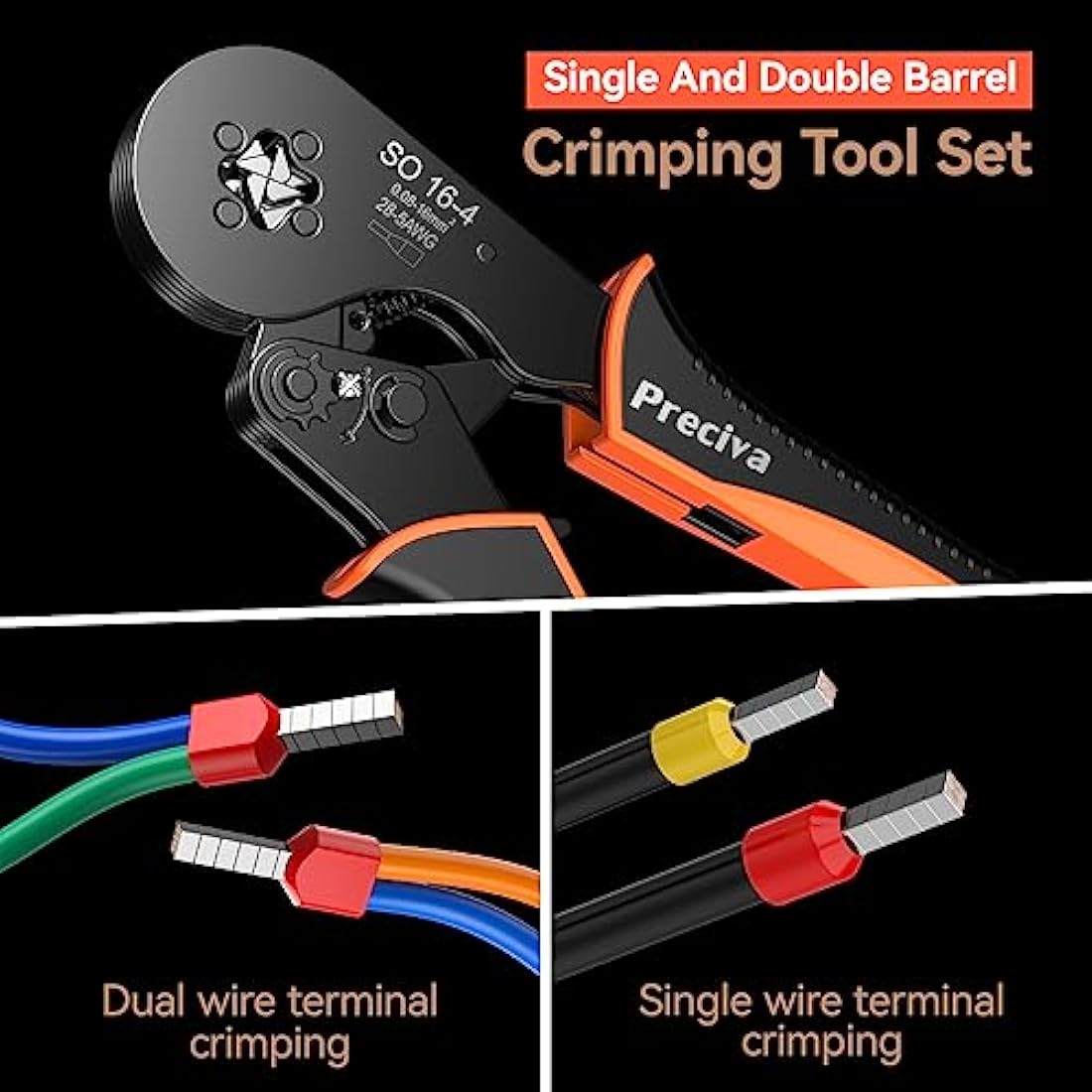 Preciva Bootlace Crimping Tool Kit, 0.08-16mm²/AWG28-5 Ferrule Crimp Toolkit with 1200pcs Connectors(300 Dual Wire Terminals), Self-Adjsutable Ratchet Crimper ToolKits