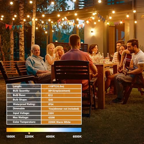 Torkase Outdoor String Lights Mains Powered,110FT/33M G40 Garden Festoon Lights with 56+2 Shatterproof G40 Plastic LED Edison Bulbs Waterproof for Outside Patio Gazebo Pergola Décor Wedding Cafe