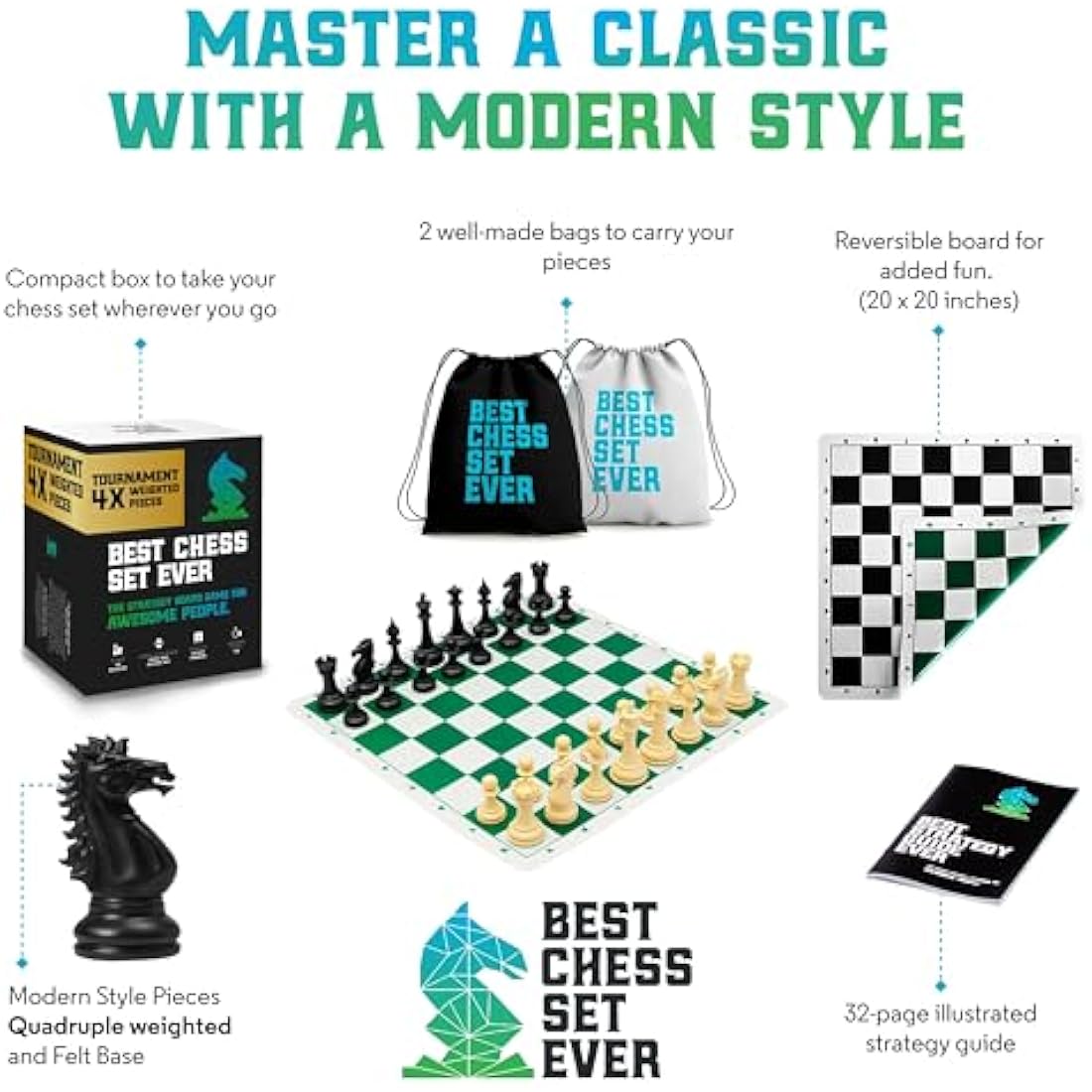 Best Chess Set Ever 4X Tournament Chess Set with XL Staunton Quadruple Weighted Pieces (11.4 cm King) for Adults & Kids – Foldable Roll-up Double-Sided 50x50 cm Silicone Board Mat, Ideal for gifting